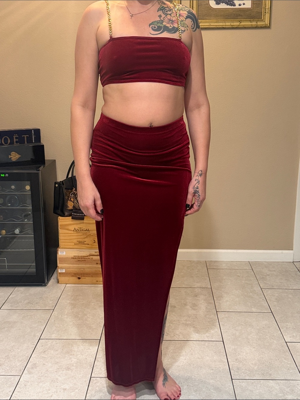 Fashion Nova Burgundy Velvet Maxi Skirt